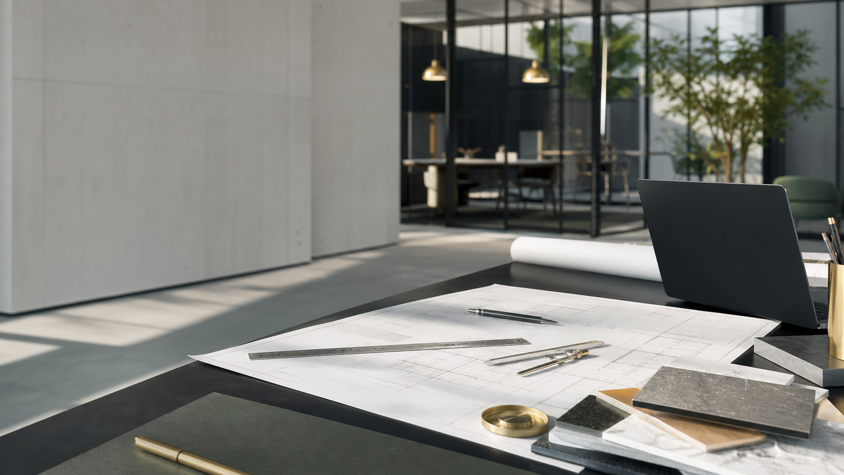 Moderner Arbeitsplatz mit technischen Unterlagen, Materialien und digitaler Ausrüstung